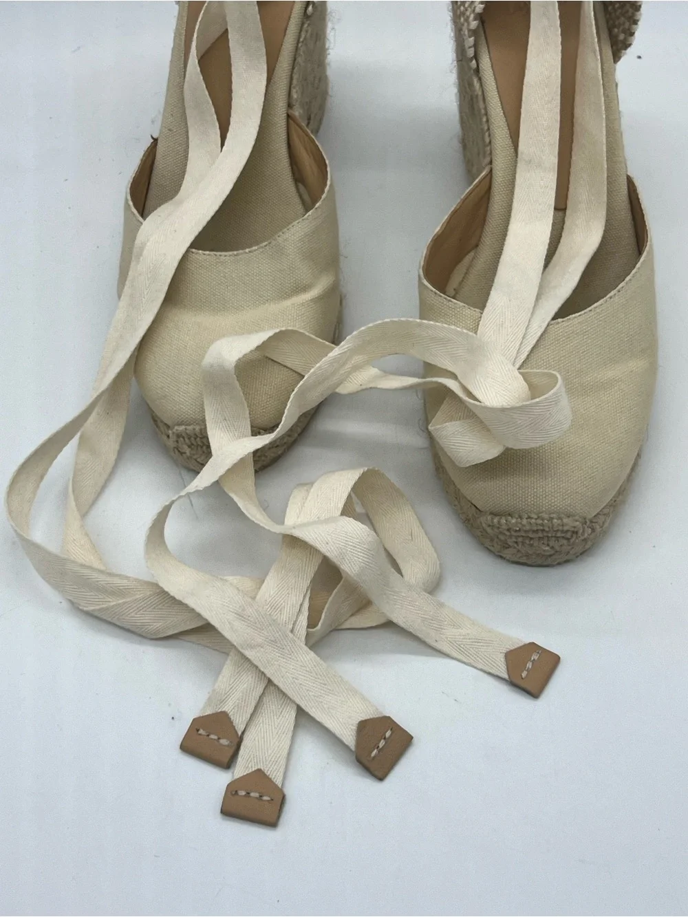 Castaner Cream Canvas Espadrille Wedge Sandals with Ankle Ties
